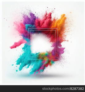 Exploding of multicolor powder color in square shape with background. Finest generative AI.. Exploding of multicolor powder color in square shape with background.