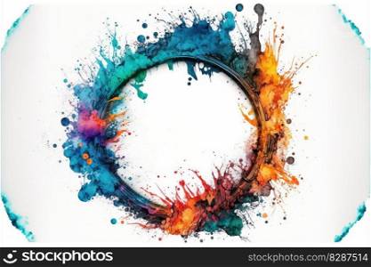 Exploding of rainbow colored powder explosion in circle shape isolated on white background. Inspiration of multicolor shading festival. Finest generative AI.. Exploding of rainbow colored powder explosion in circle shape
