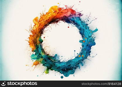 Exploding of rainbow colored powder explosion in circle shape isolated on white background. Inspiration of multicolor shading festival. Finest generative AI.. Exploding of rainbow colored powder explosion in circle shape