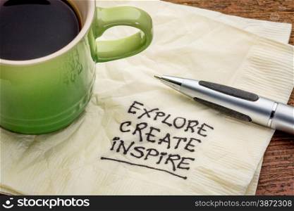 explore, create, inspire - motivational words handwritten on a napkin with a cup of espresso coffee