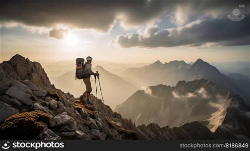 Explorer stand in front of high mountain peak landscape. Generative AI.. Explorer stand in front of high mountain peak landscape. Generative AI