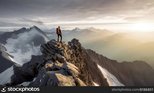 Explorer stand in front of high mountain peak landscape. Generative AI.. Explorer stand in front of high mountain peak landscape. Generative AI