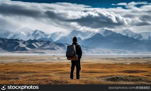 Explorer stand in front of high mountain peak landscape. Generative AI.. Explorer stand in front of high mountain peak landscape. Generative AI