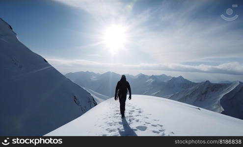 Explorer stand in front of high mountain peak winter snowy landscape. Generative AI.. Explorer stand in front of high mountain peak winter snowy landscape. Generative AI