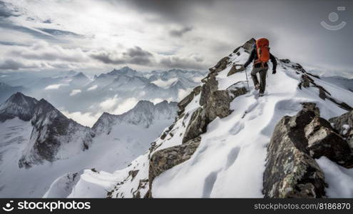 Explorer stand in front of high mountain peak winter snowy landscape. Generative AI.. Explorer stand in front of high mountain peak winter snowy landscape. Generative AI