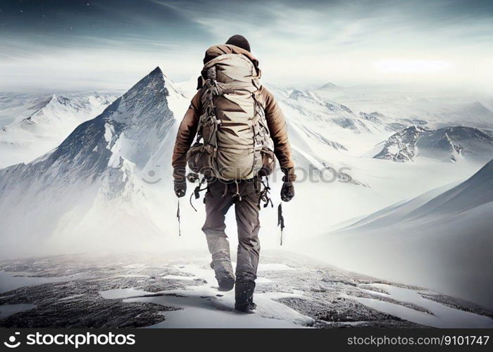 Explorer stand in front of high mountain peak winter snowy landscape. Generative AI.. Explorer stand in front of high mountain peak winter snowy landscape. Generative AI