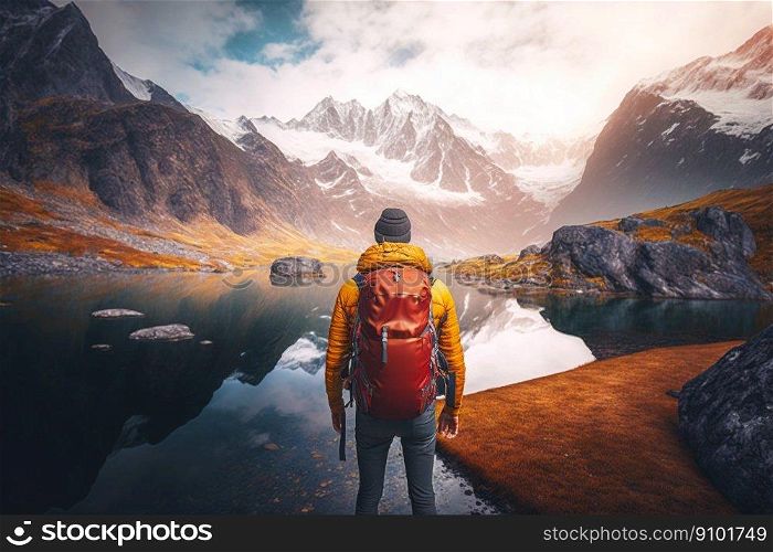 Explorer stand in front of high mountain peak with lake landscape. Generative AI.. Explorer stand in front of high mountain peak with lake landscape. Generative AI