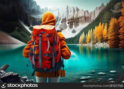 Explorer stand in front of high mountain peak with lake landscape. Generative AI.. Explorer stand in front of high mountain peak with lake landscape. Generative AI