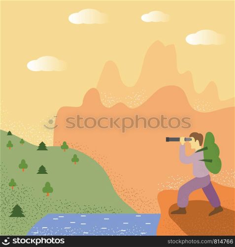 Explorer Stand Near The Like. Man with Telescope Looks on Forest. Concept of Travel, Discovery, Hiking, Adventure Tourism and Exploration. Traveller with Green Backpack.. Explorer Stand Near The Like. Man Looks on Forest. Concept of Travel, Adventure Tourism. Traveller with Backpack.