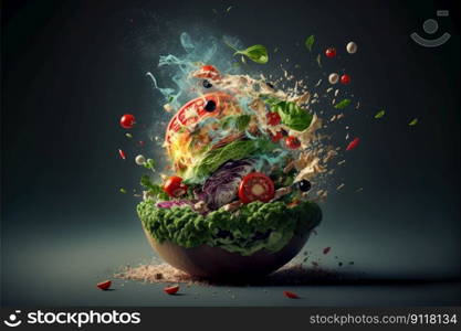 Exploring various ingredients of fresh spread out of container with isolated shading background. Concept of energy food from plant base. Finest generative AI.. Exploring various ingredients of fresh spread out of container.