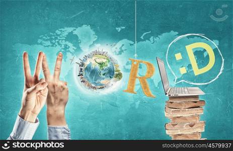 Exploring world. Word world composed with fingers and items. Elements of this image are furnished by NASA
