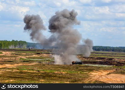 Explosion and smoke. International Military Training  Saber Strike 2017 , Adazi, Latvia, from 3 to 15 June 2017. US Army Europe-led annual International military exercise Saber Strike Field Training Exercise in Latvia.