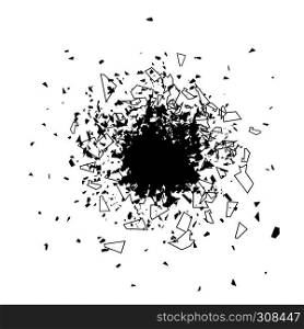 Explosion Cloud of Black Pieces on White Background. Sharp Particles Randomly Fly in the Air.. Explosion Cloud of Black Pieces. Sharp Particles Randomly Fly in the Air.
