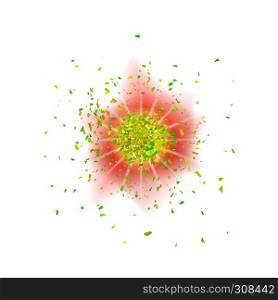 Explosion Cloud of Green Pieces on White Background. Sharp Particles Randomly Fly in the Air.. Explosion Cloud of Green Pieces. Sharp Particles Randomly Fly in the Air.