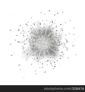 Explosion Cloud of Grey Pieces on White Background. Sharp Particles Randomly Fly in the Air.. Explosion Cloud of Grey Pieces. Sharp Particles Randomly Fly in the Air.