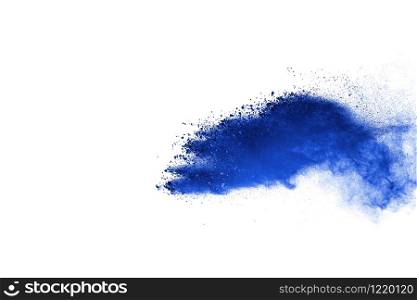 Explosion of blue powder isolated on black background.