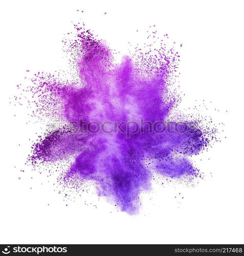 Explosion of colored powder, isolated on ultra violet background. Inventive and imaginative, Ultra Violet lights the way to what is yet to come. Color of the Year 2018 Pantone. Explosion of colored powder, isolated on ultra violet background.