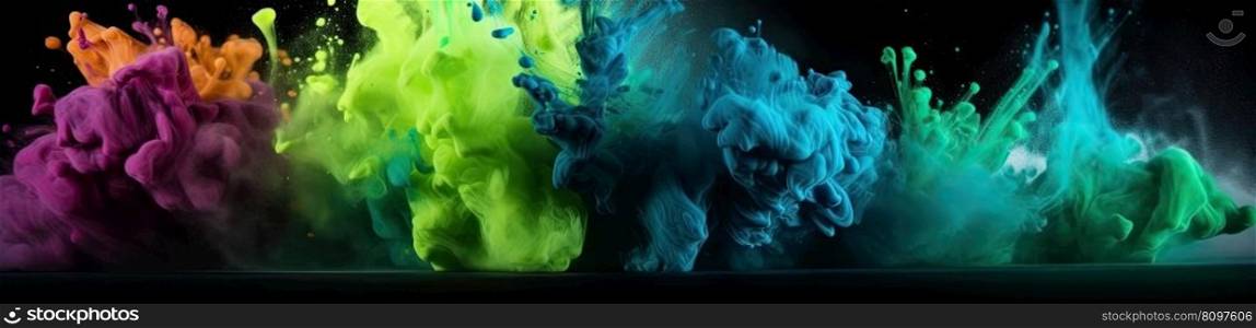 Explosion of colored powder of blue and green tones on black background. Generative AI