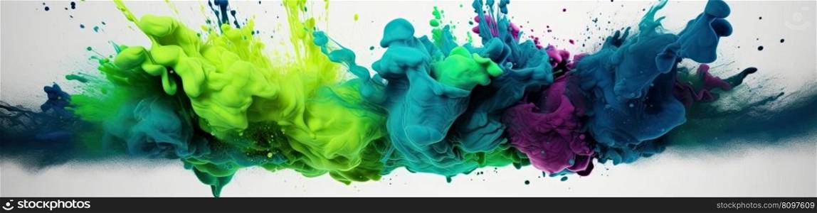 Explosion of colored powder of blue and green tones on white background. Generative AI
