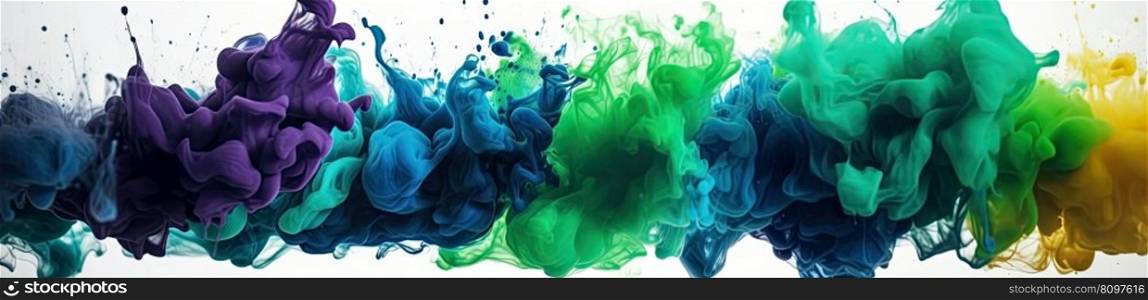 Explosion of colored powder of blue and green tones on white background. Generative AI