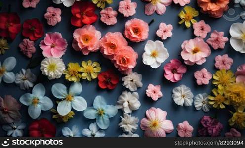 Explosion of colors in spring. Flowers on a plain colored background. Generative AI