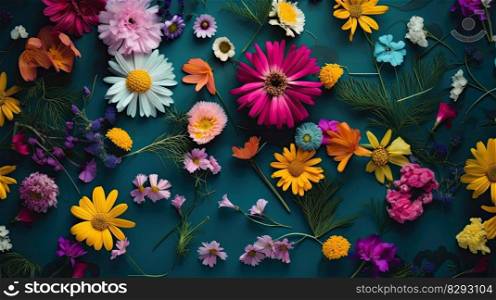 Explosion of colors in spring. Flowers on a plain colored background. Generative AI