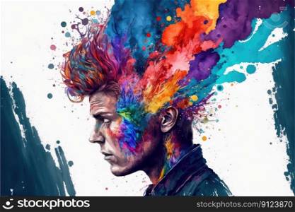 Explosion of colors out of an artist in concept of creative and art inspiration. Element of blending mixed watercolor technique. Finest generative AI.. Explosion of colors out of an artist in concept of creative and art inspiration
