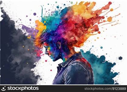Explosion of colors out of an artist in concept of creative and art inspiration. Element of blending mixed watercolor technique. Finest generative AI.. Explosion of colors out of an artist in concept of creative and art inspiration