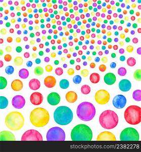 Explosion of confetti. Colorful confetti  illustration. Watercolor pattern with painted dots isolated . Polka dot pattern. Watercolor rainbow colored confetti