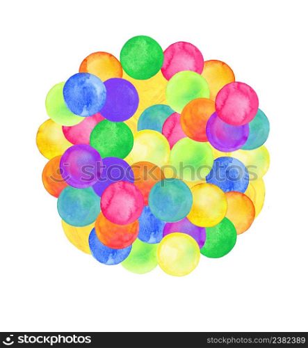 Explosion of confetti. Colorful confetti illustration. Watercolor pattern with painted dots isolated. Polka dot pattern. Watercolor rainbow colored confetti