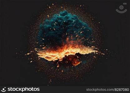 Explosion of spark fireball from center destroyed wide area. Concept of dangerous bomb isolated black background. Finest generative AI.. Explosion of spark fireball from center destroyed wide area.