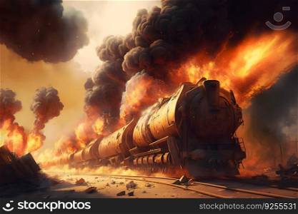explosion of wagons at the railway station. Neural network AI generated art. explosion of wagons at the railway station. Neural network AI generated