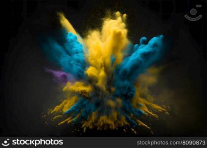 Explosion of yellow and blue color paint powder on black background. Neural network AI generated art. Explosion of yellow and blue color paint powder on black background. Neural network generated art