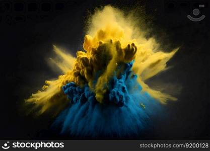 Explosion of yellow and blue color paint powder on black background. Neural network AI generated art. Explosion of yellow and blue color paint powder on black background. Neural network generated art