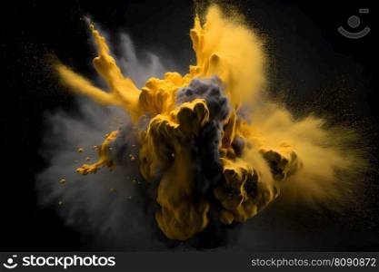 Explosion of yellow color paint powder on black background. Neural network AI generated art. Explosion of yellow color paint powder on black background. Neural network generated art