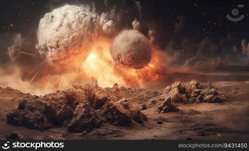 Explosion over Mars, smoke and fire,created by AI