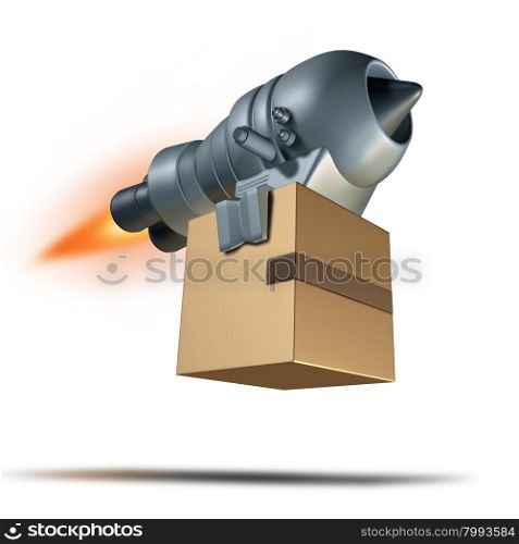 Express delivery service symbol and freight transport concept for fast courier shipping as a rocket engine blasting off to quickly deliver a package box shipment.