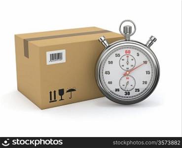 Express delivery. Stopwatch and package on white background. 3d