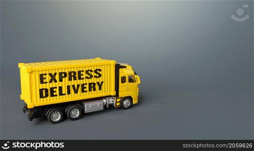 Express delivery yellow truck. Transport service infrastructure. Logistics. Transportation company. Urgent delivery, shipping. Distribution of orders and goods to consumers in a short time.
