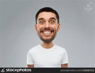 expression and people concept - smiling man with funny face over gray background (cartoon style character with big head). man with funny face over gray background
