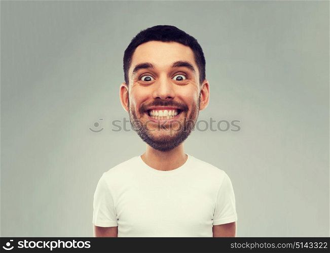 expression and people concept - smiling man with funny face over gray background (cartoon style character with big head). man with funny face over gray background