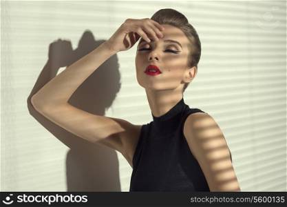 expressive sensual female with elegant hair-style, black dress and stylish make-up posing in indoor half-light atmosphere