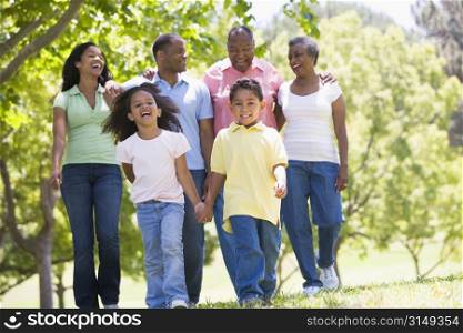 Extended family walking in park holding hands and smiling