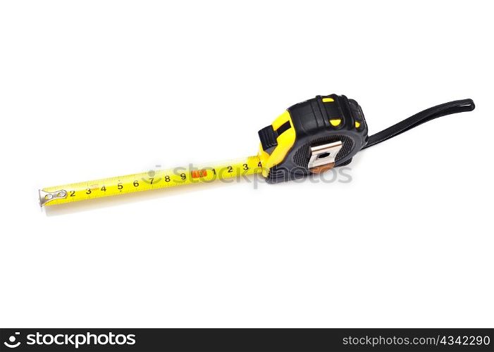 Extended retractable tape measurer on a white background