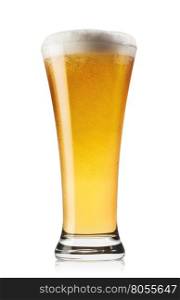 Extending up glass of beer isolated on white background. Extending up glass of beer