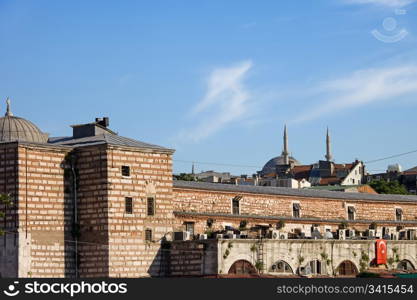 Exterior architecture of the Egyptian (Spice) Bazaar in Istanbul, Turkey, composition with copy space