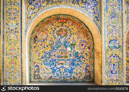 Exterior ceramic tilework art at the Golestan palace. Tehran, Iran