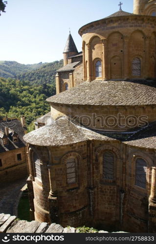 Exterior chapels and turrets from the 13th century, Abbey Church of St. Foy, Conques, France