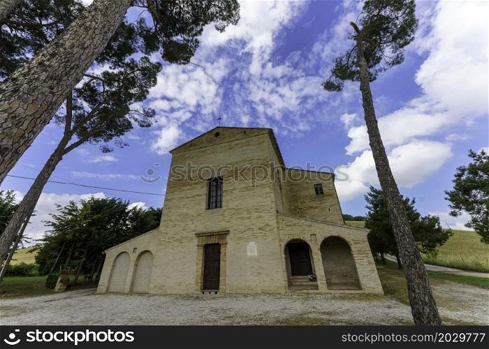Exterior of medieval church near Fermo, Marche, Italy