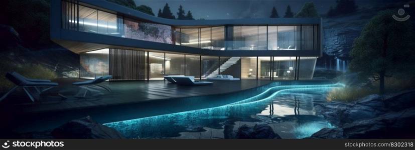 exterior of modern building, futuristic design, panoramic, modern architecture design house building exterior with large spacious windows and a pool, generative ai